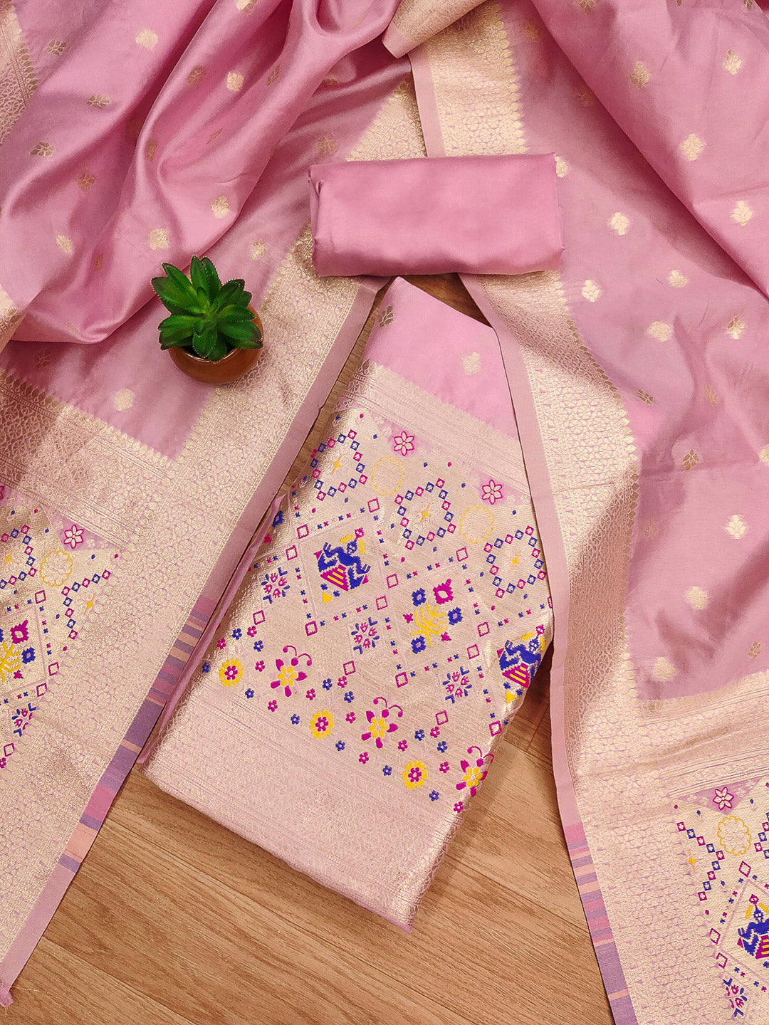 Pink-Lt Pure Soft Banarasi Silk Woven Design Unstitched Dress Material