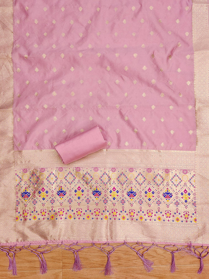 Pink-Lt Pure Soft Banarasi Silk Woven Design Unstitched Dress Material