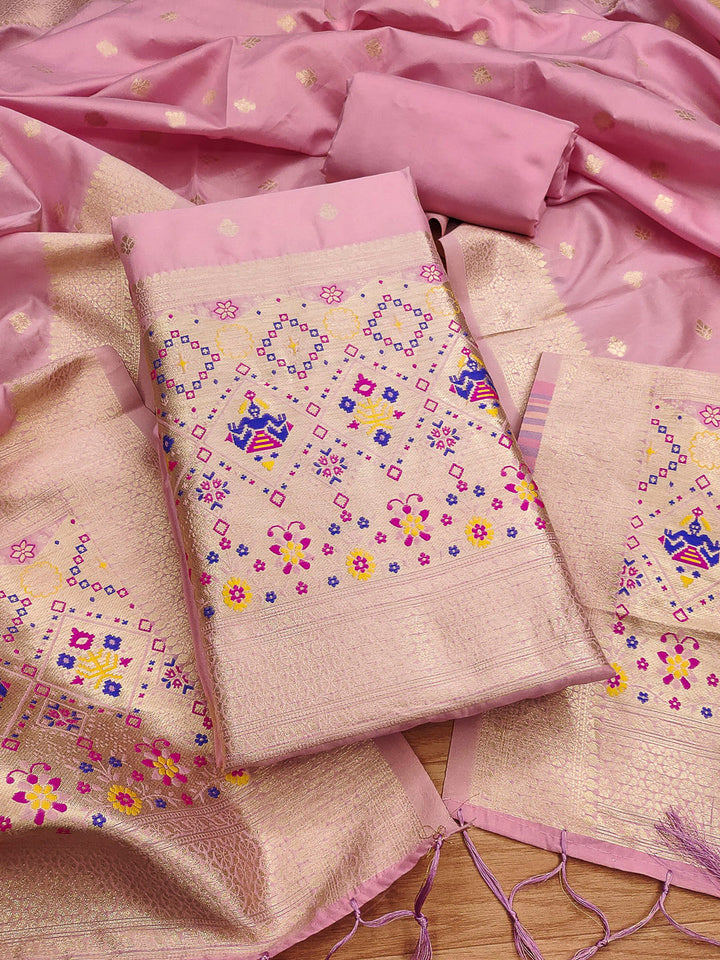 Pink-Lt Pure Soft Banarasi Silk Woven Design Unstitched Dress Material