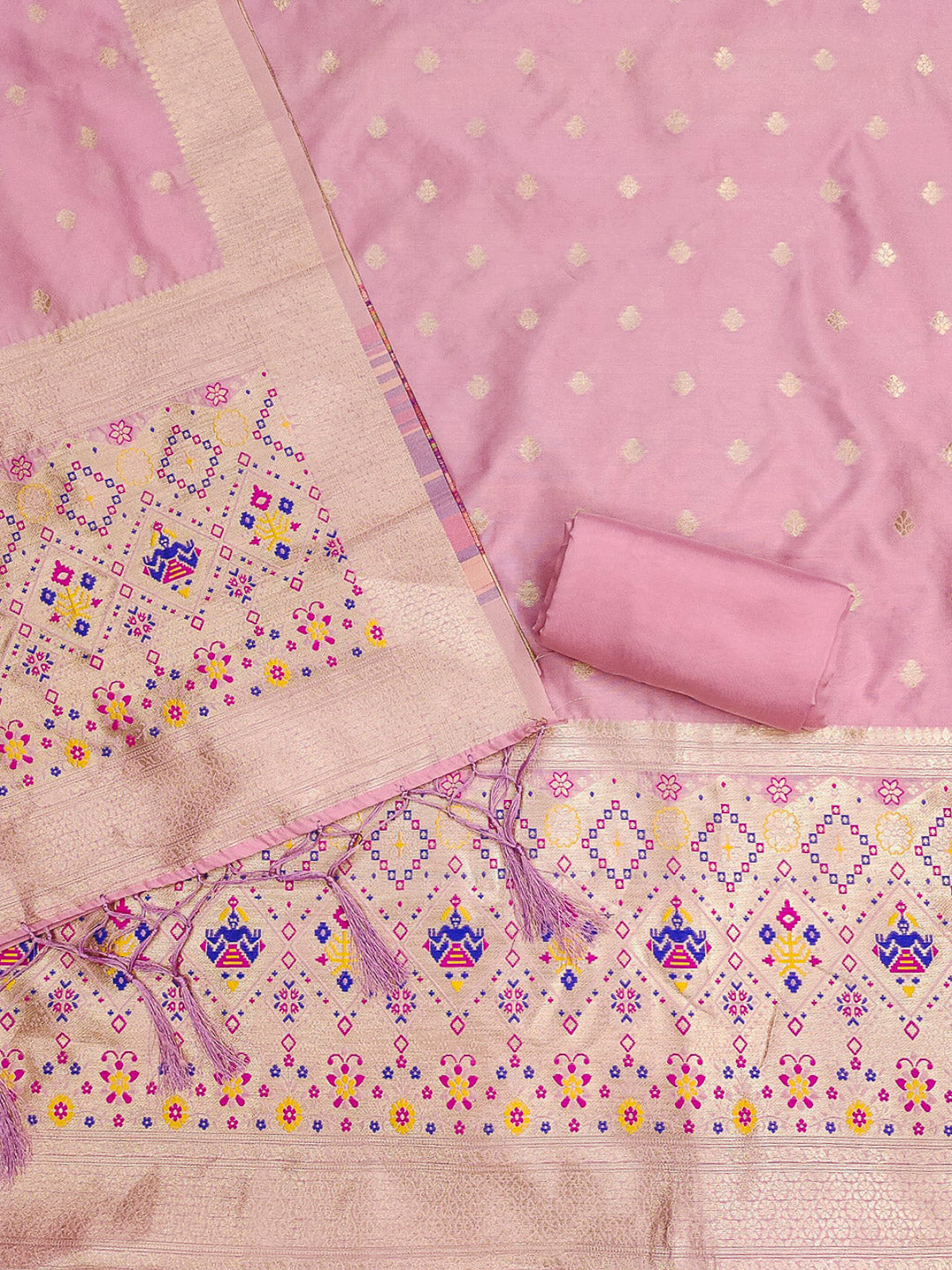 Pink-Lt Pure Soft Banarasi Silk Woven Design Unstitched Dress Material