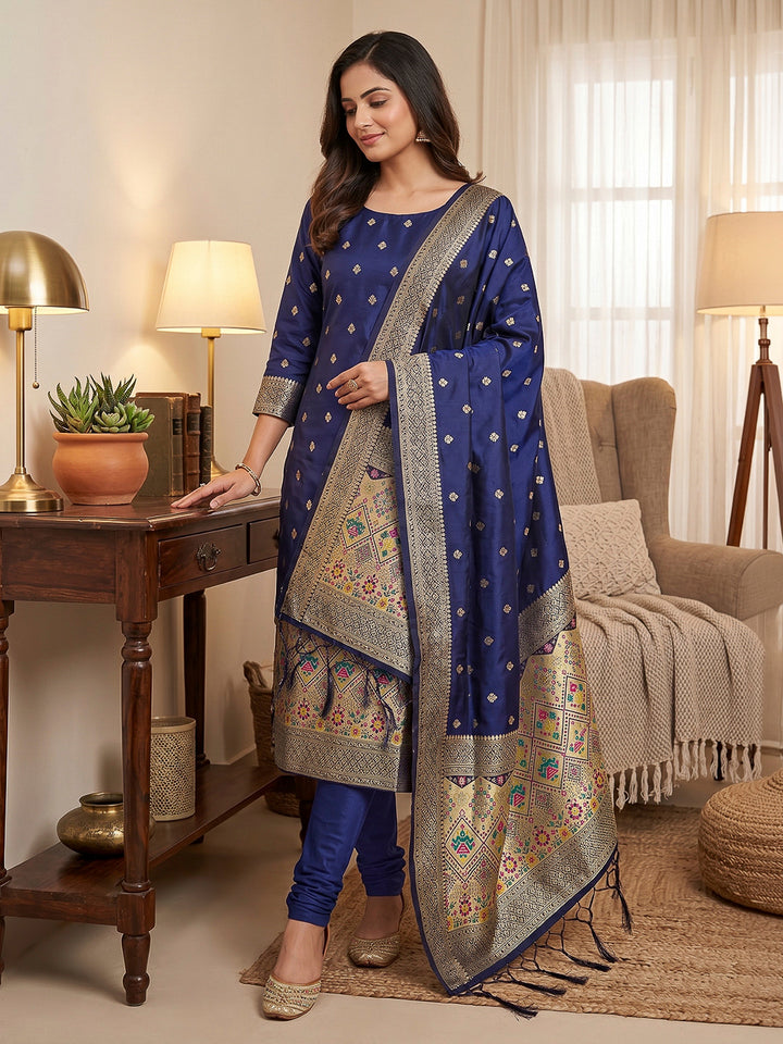 Navy-Blue Pure Soft Banarasi Silk Woven Design Unstitched Dress Material