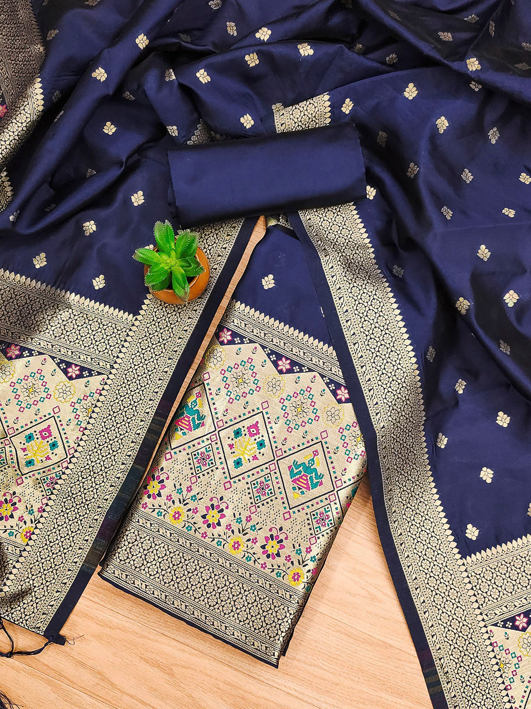 Navy-Blue Pure Soft Banarasi Silk Woven Design Unstitched Dress Material