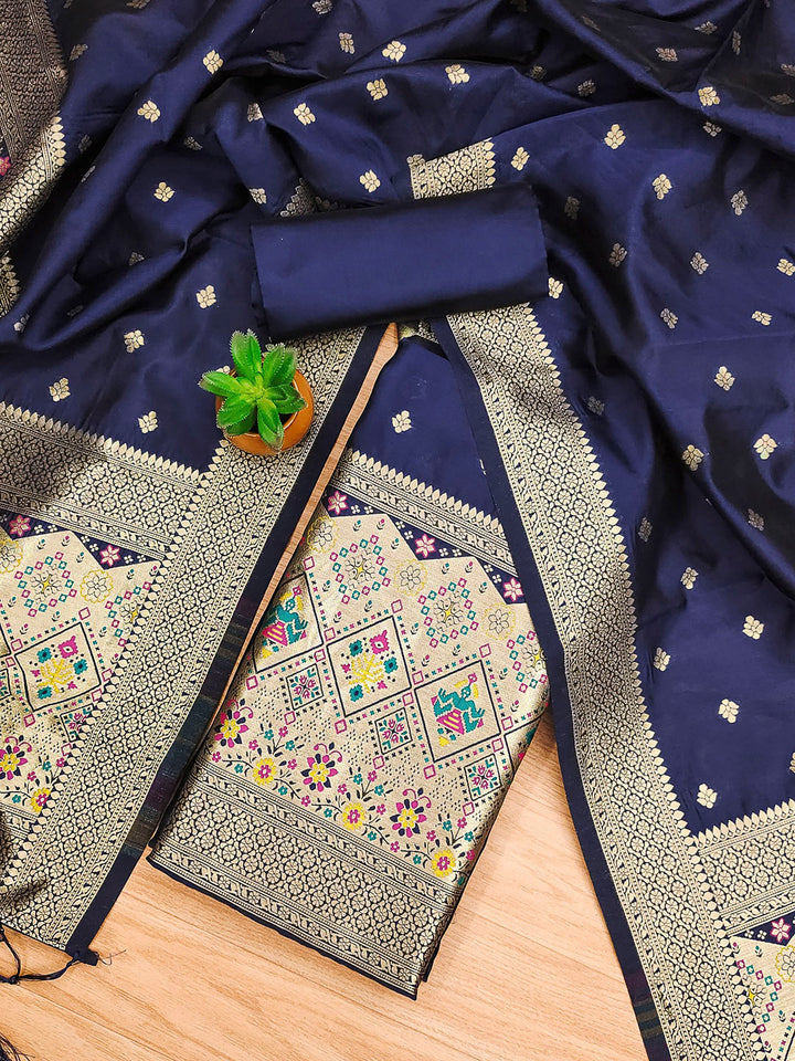 Navy-Blue Pure Soft Banarasi Silk Woven Design Unstitched Dress Material