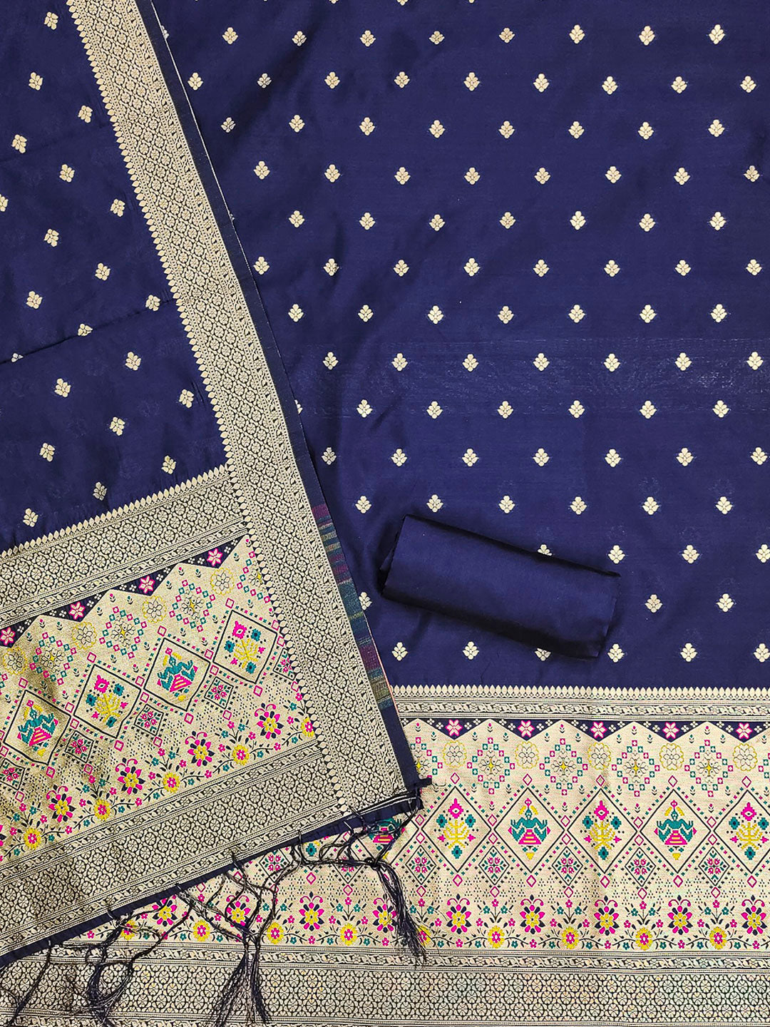 Navy-Blue Pure Soft Banarasi Silk Woven Design Unstitched Dress Material
