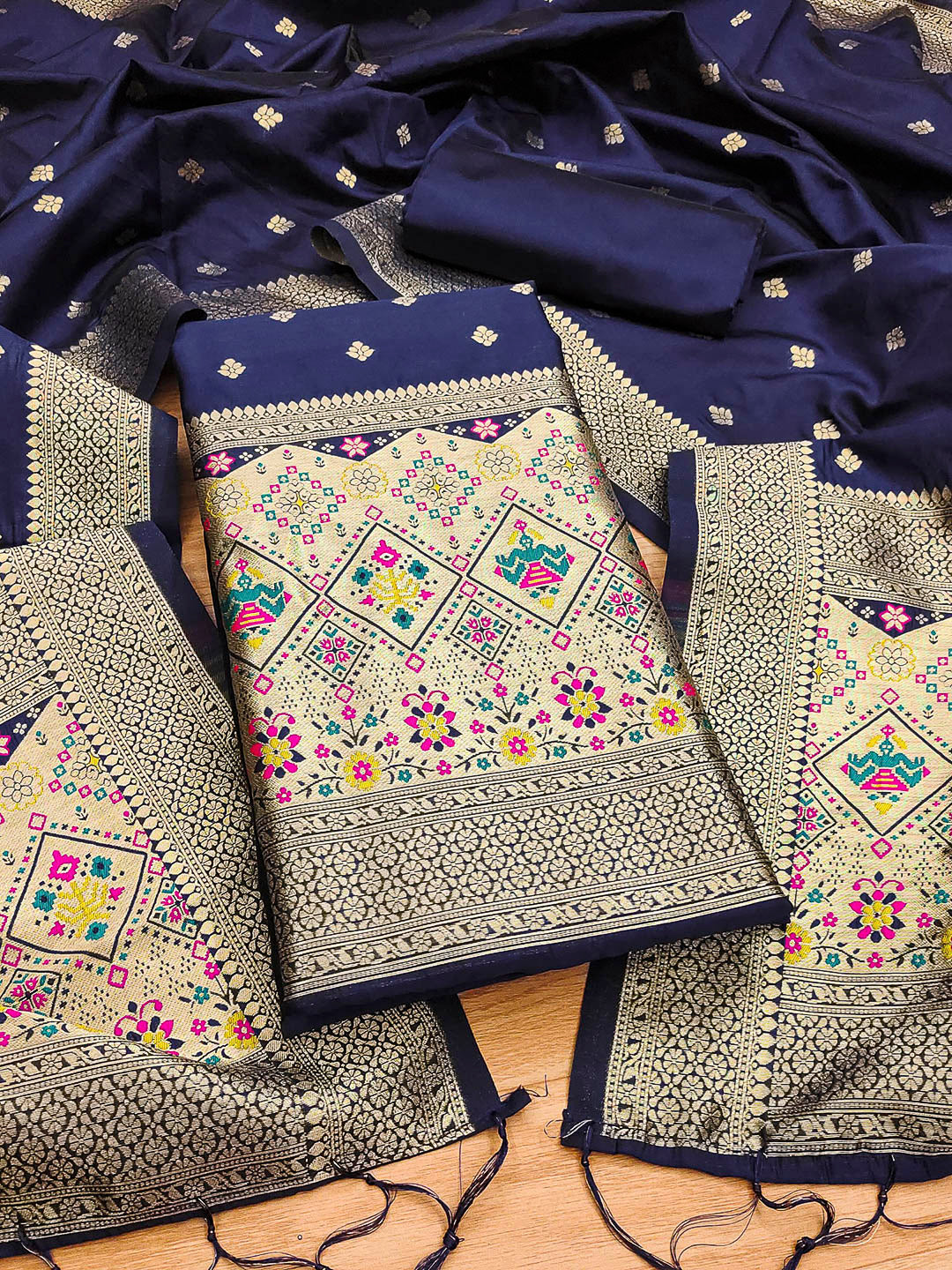 Navy-Blue Pure Soft Banarasi Silk Woven Design Unstitched Dress Material