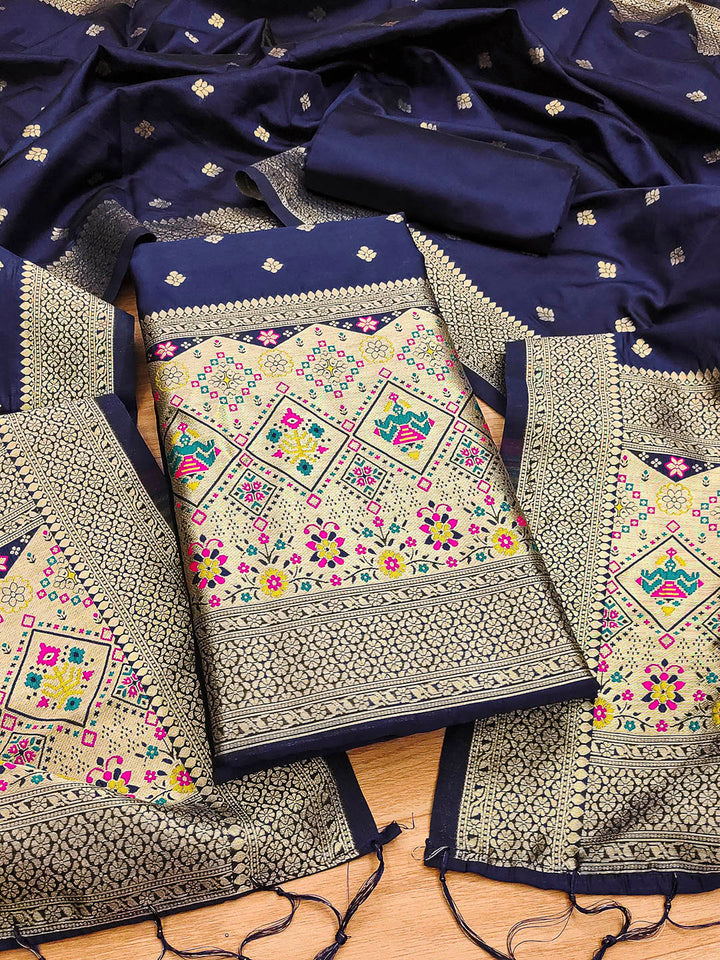 Navy-Blue Pure Soft Banarasi Silk Woven Design Unstitched Dress Material