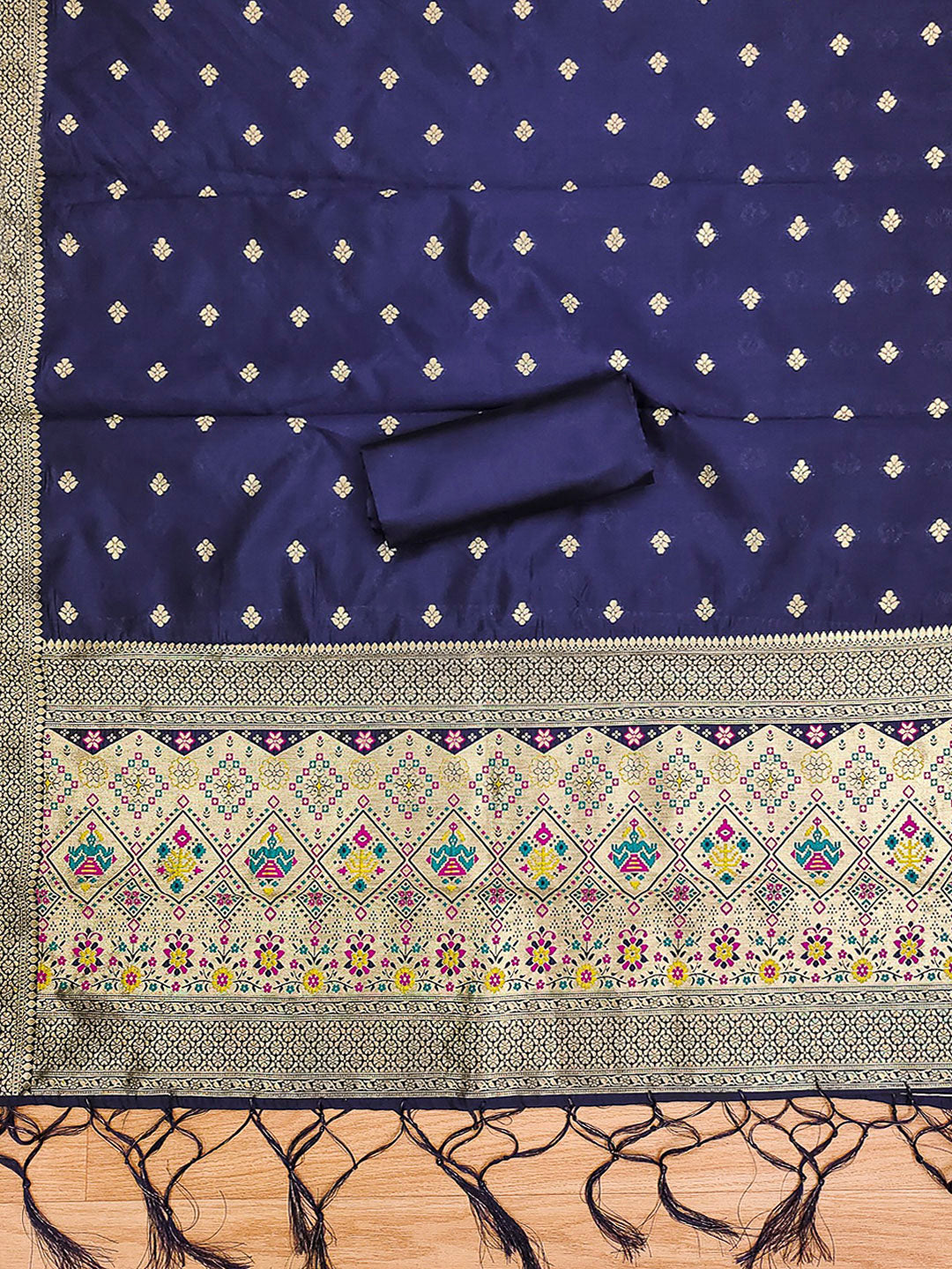 Navy-Blue Pure Soft Banarasi Silk Woven Design Unstitched Dress Material