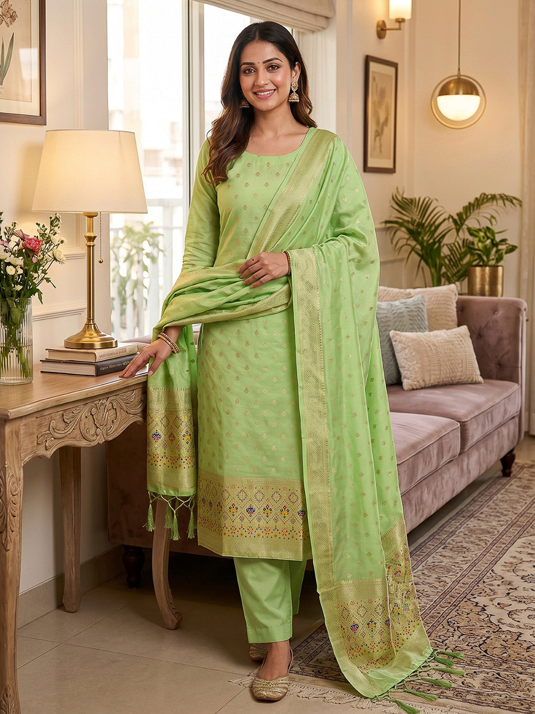 Pista-Green Pure Soft Banarasi Silk Woven Design Unstitched Dress Material