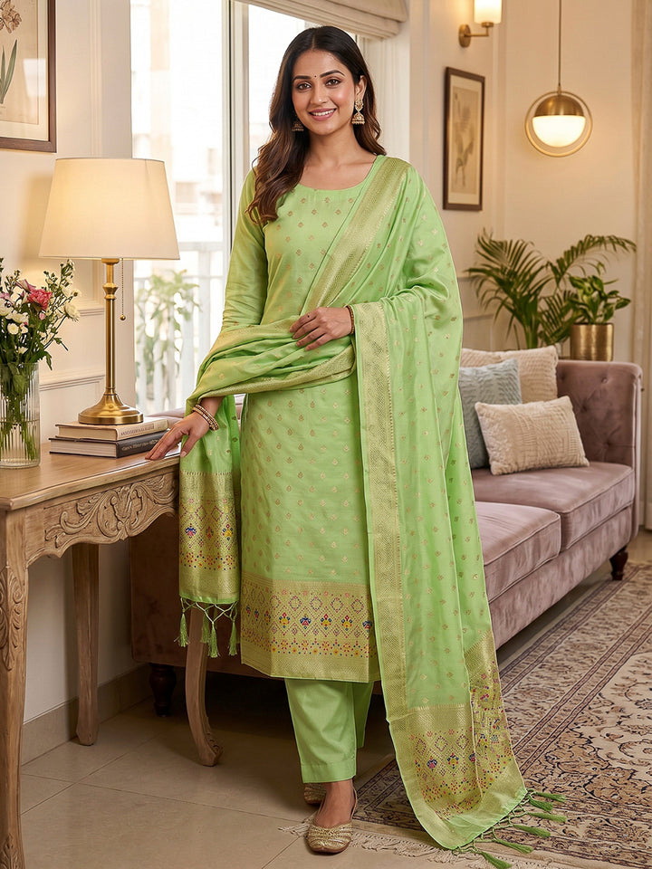 Pista-Green Pure Soft Banarasi Silk Woven Design Unstitched Dress Material