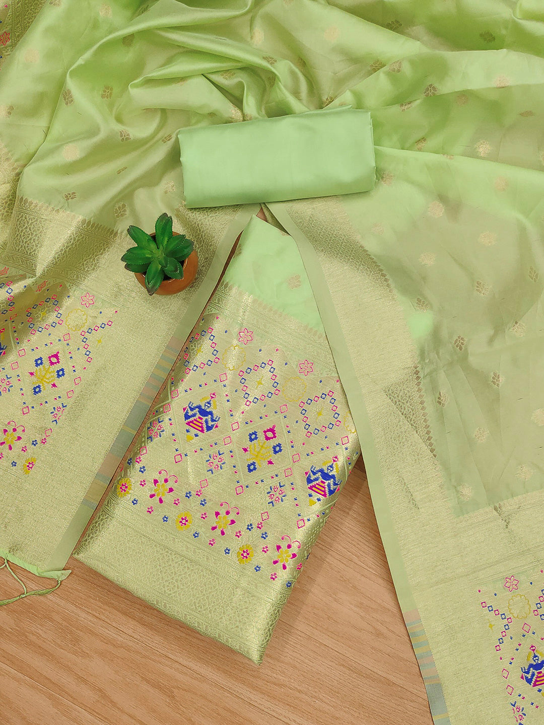 Pista-Green Pure Soft Banarasi Silk Woven Design Unstitched Dress Material