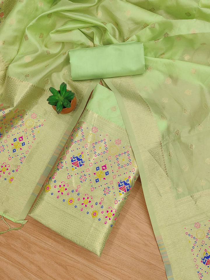 Pista-Green Pure Soft Banarasi Silk Woven Design Unstitched Dress Material