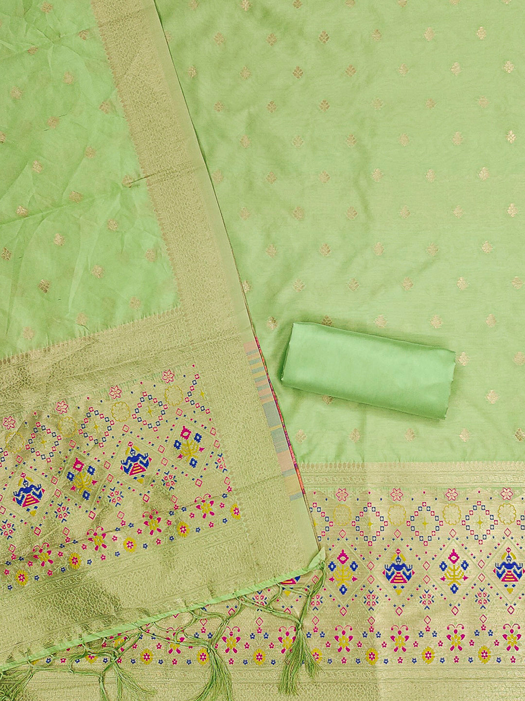 Pista-Green Pure Soft Banarasi Silk Woven Design Unstitched Dress Material