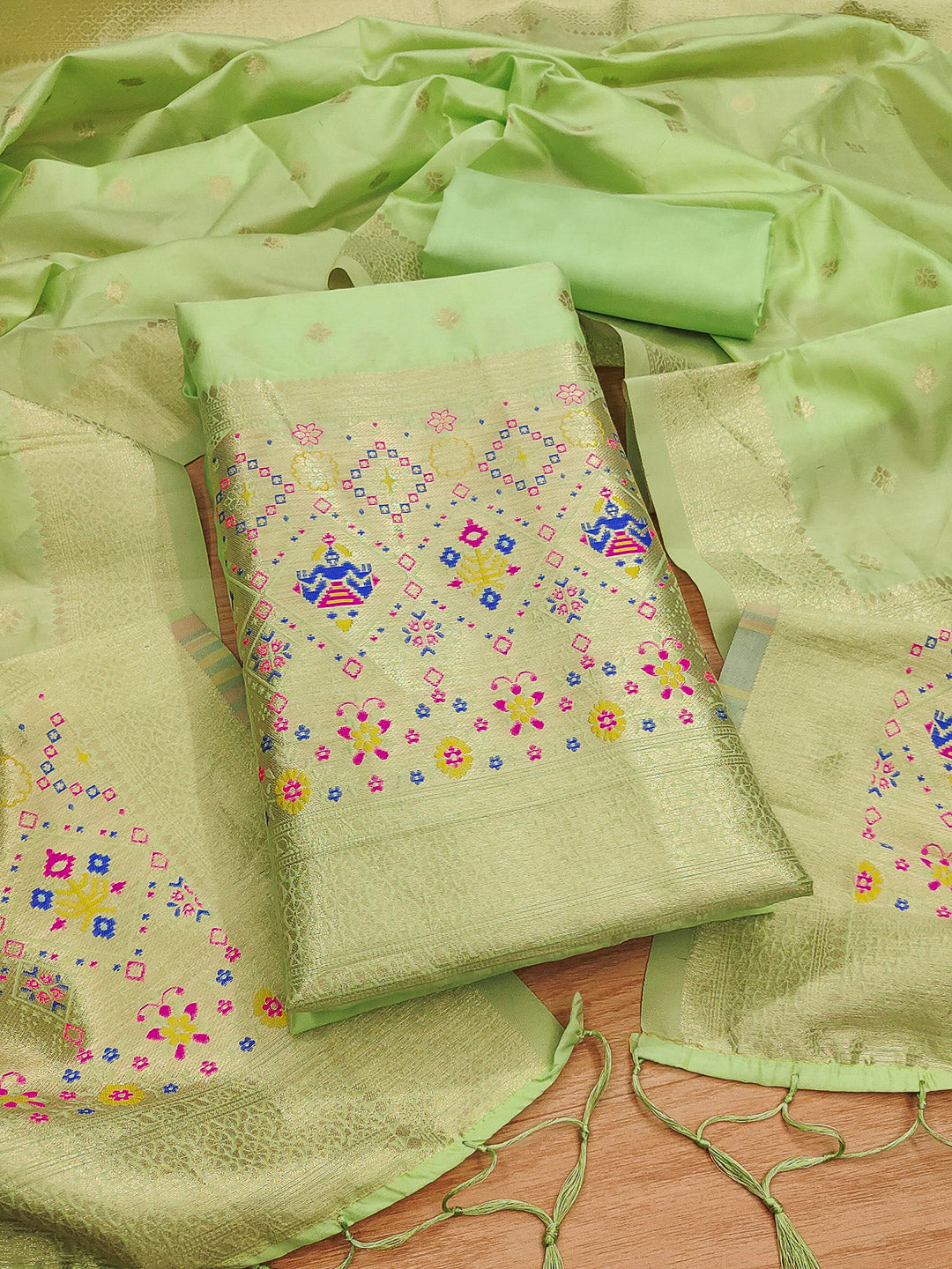 Pista-Green Pure Soft Banarasi Silk Woven Design Unstitched Dress Material