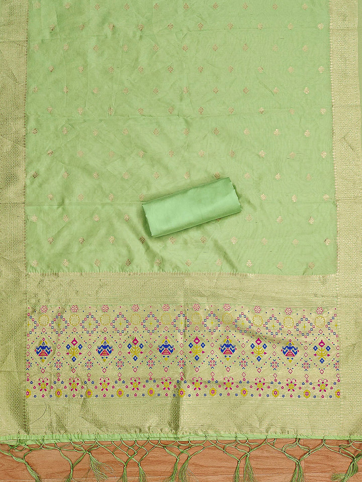 Pista-Green Pure Soft Banarasi Silk Woven Design Unstitched Dress Material
