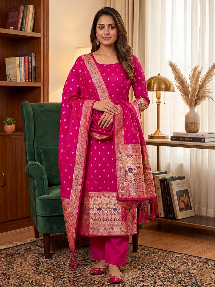 Pink Pure Soft Banarasi Silk Woven Design Unstitched Dress Material