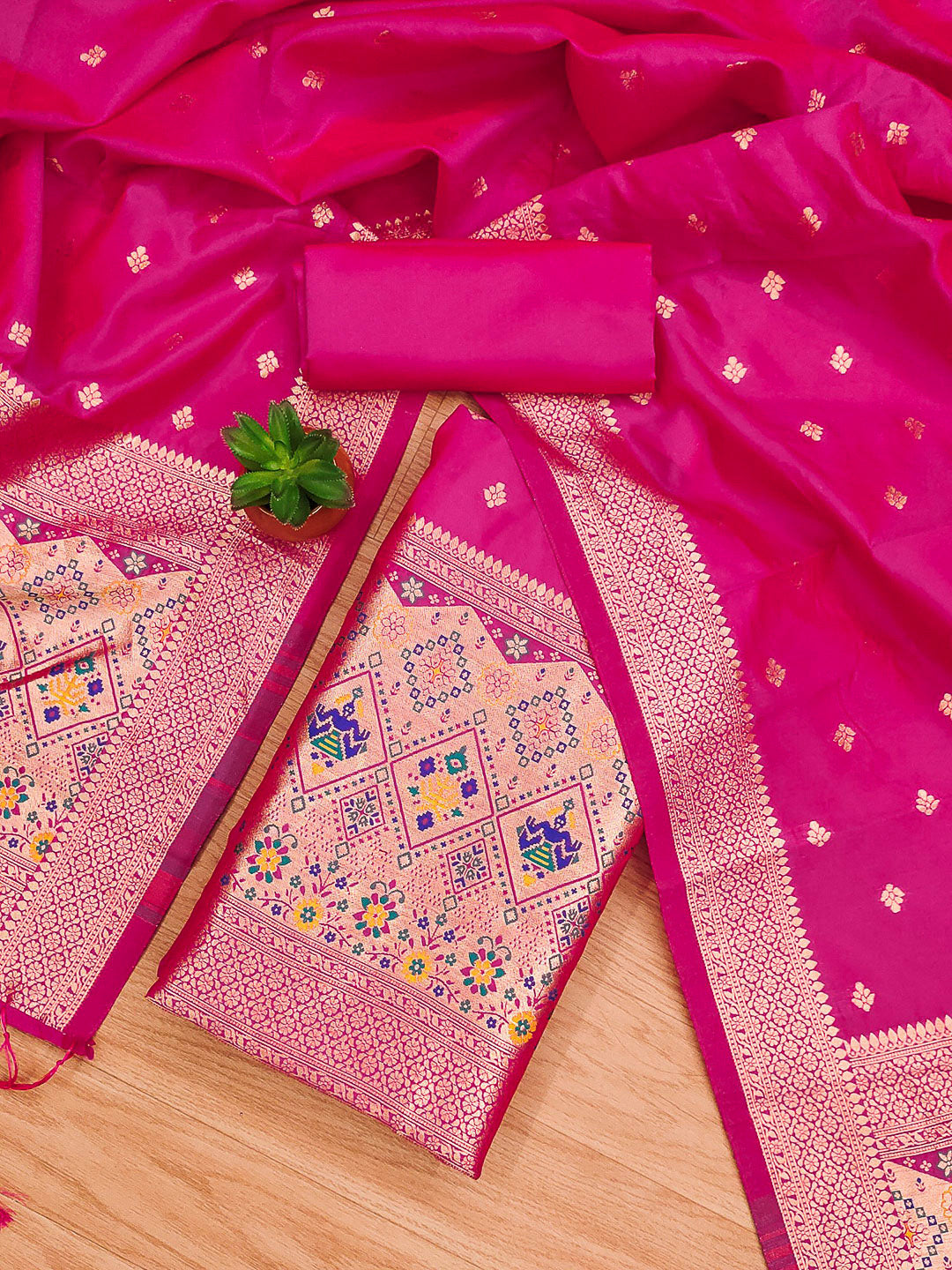 Pink Pure Soft Banarasi Silk Woven Design Unstitched Dress Material