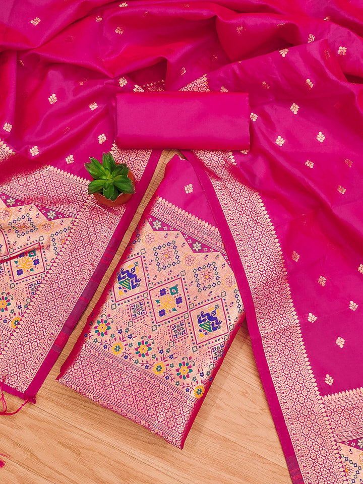 Pink Pure Soft Banarasi Silk Woven Design Unstitched Dress Material