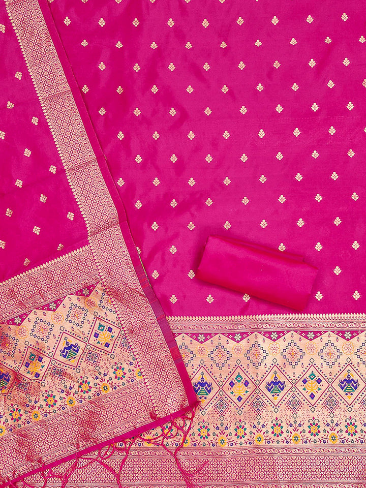 Pink Pure Soft Banarasi Silk Woven Design Unstitched Dress Material