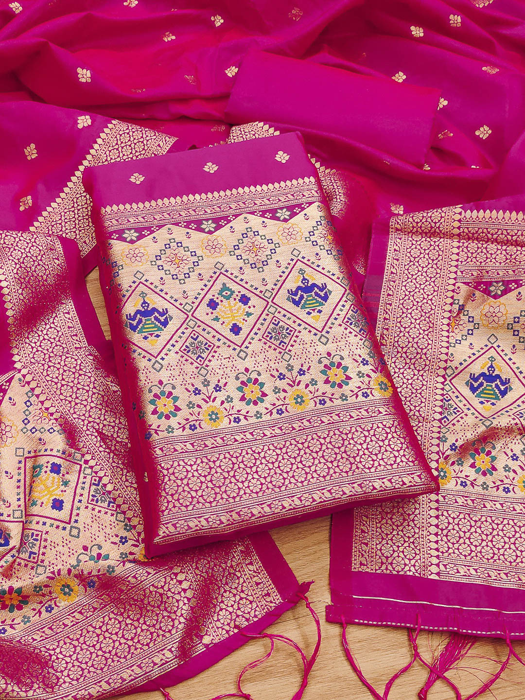 Pink Pure Soft Banarasi Silk Woven Design Unstitched Dress Material
