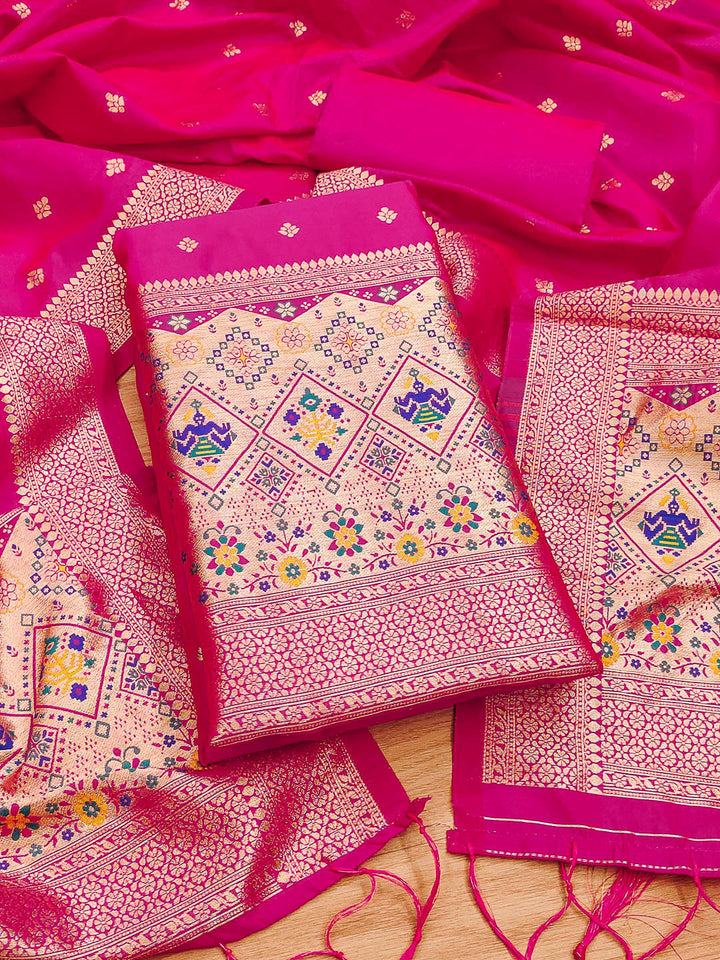 Pink Pure Soft Banarasi Silk Woven Design Unstitched Dress Material