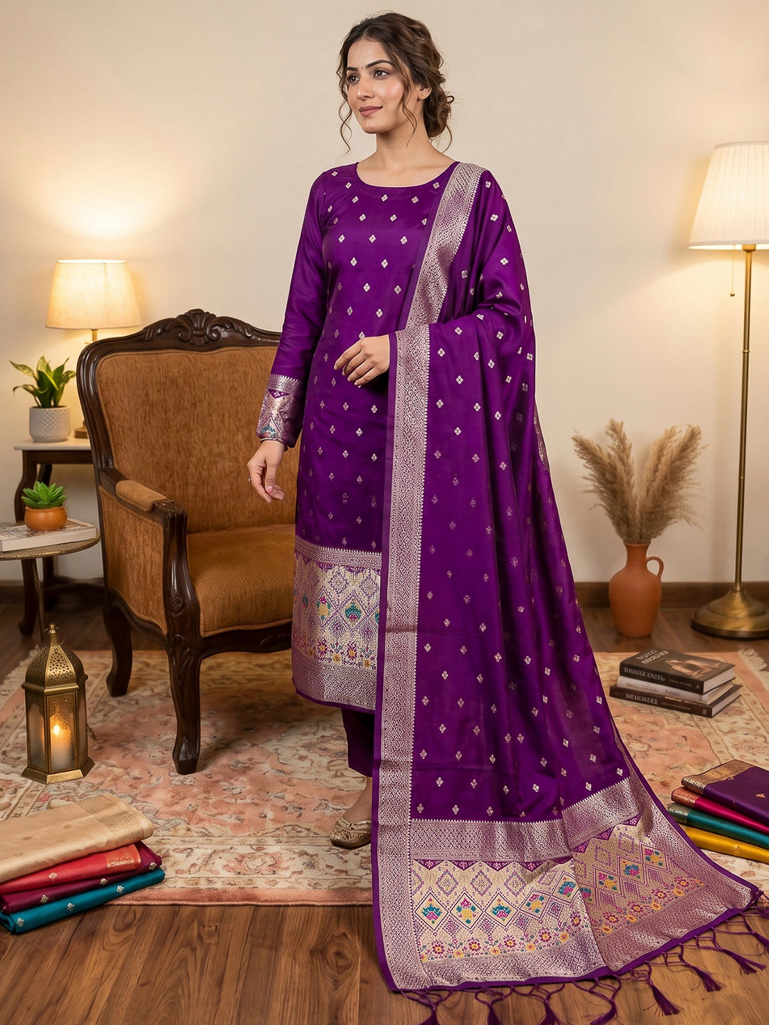 Purple Pure Soft Banarasi Silk Woven Design Unstitched Dress Material