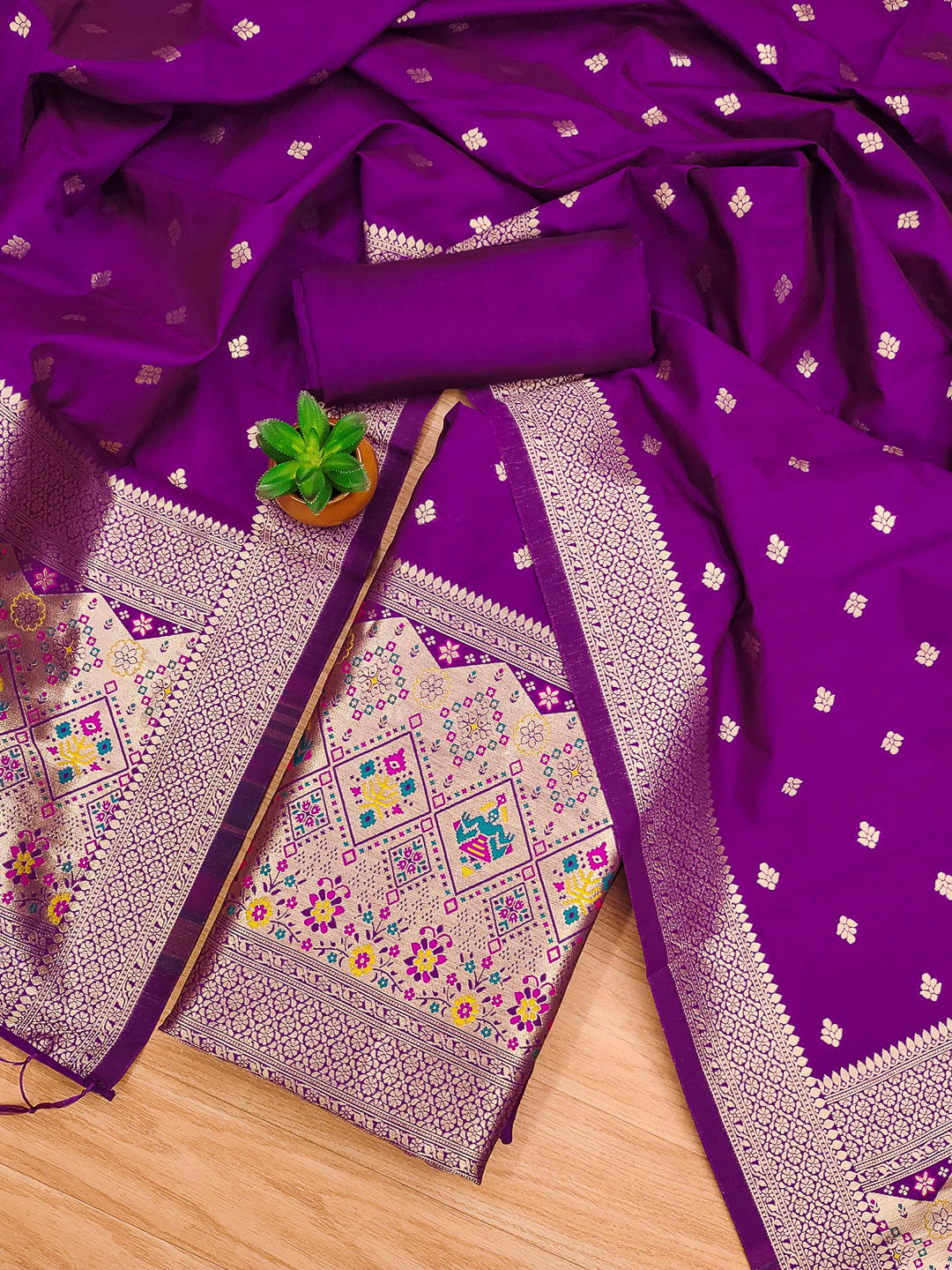 Purple Pure Soft Banarasi Silk Woven Design Unstitched Dress Material