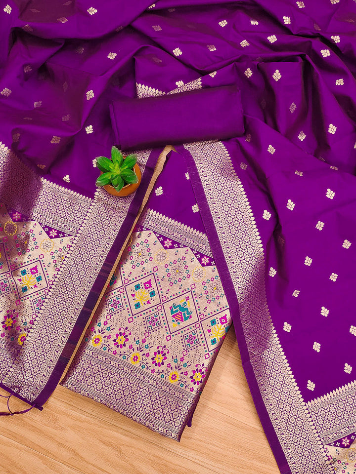 Purple Pure Soft Banarasi Silk Woven Design Unstitched Dress Material