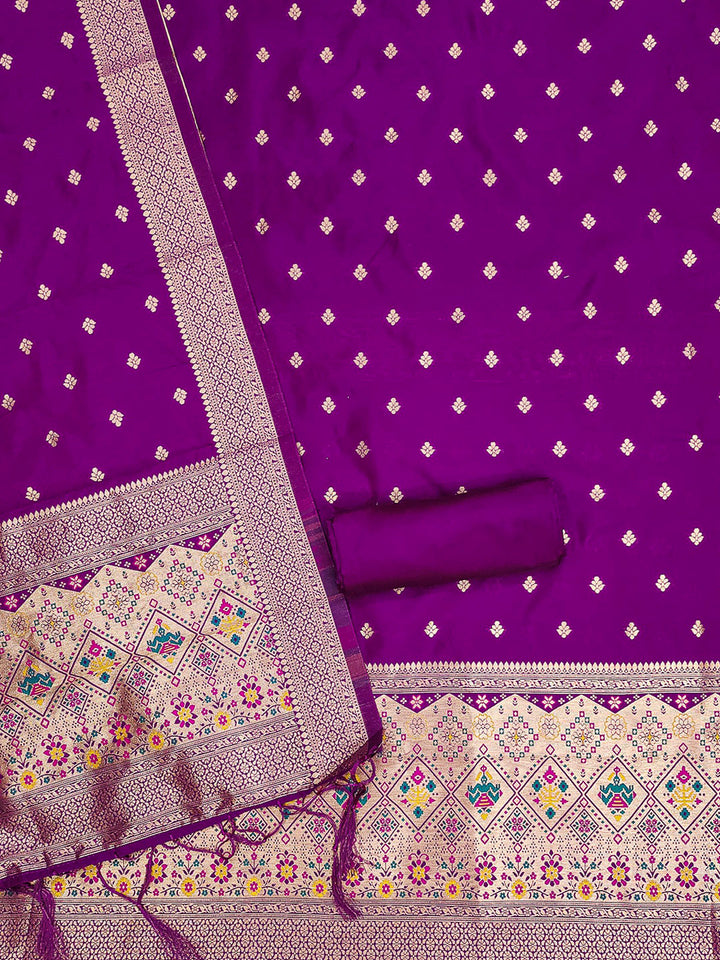 Purple Pure Soft Banarasi Silk Woven Design Unstitched Dress Material