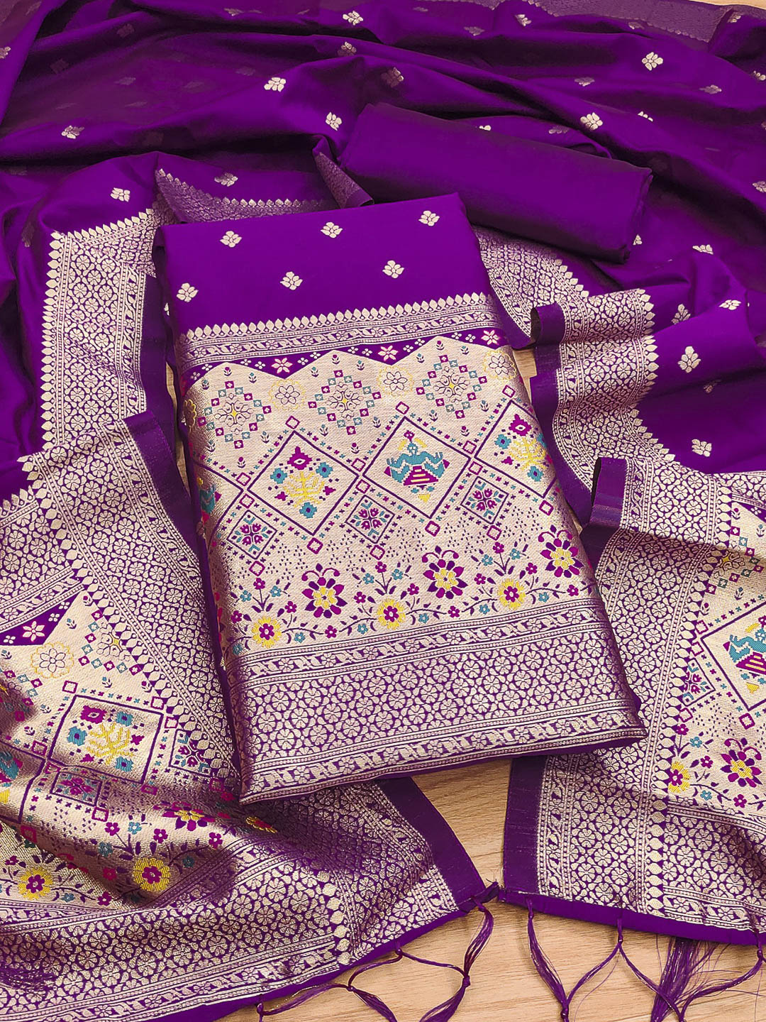 Purple Pure Soft Banarasi Silk Woven Design Unstitched Dress Material