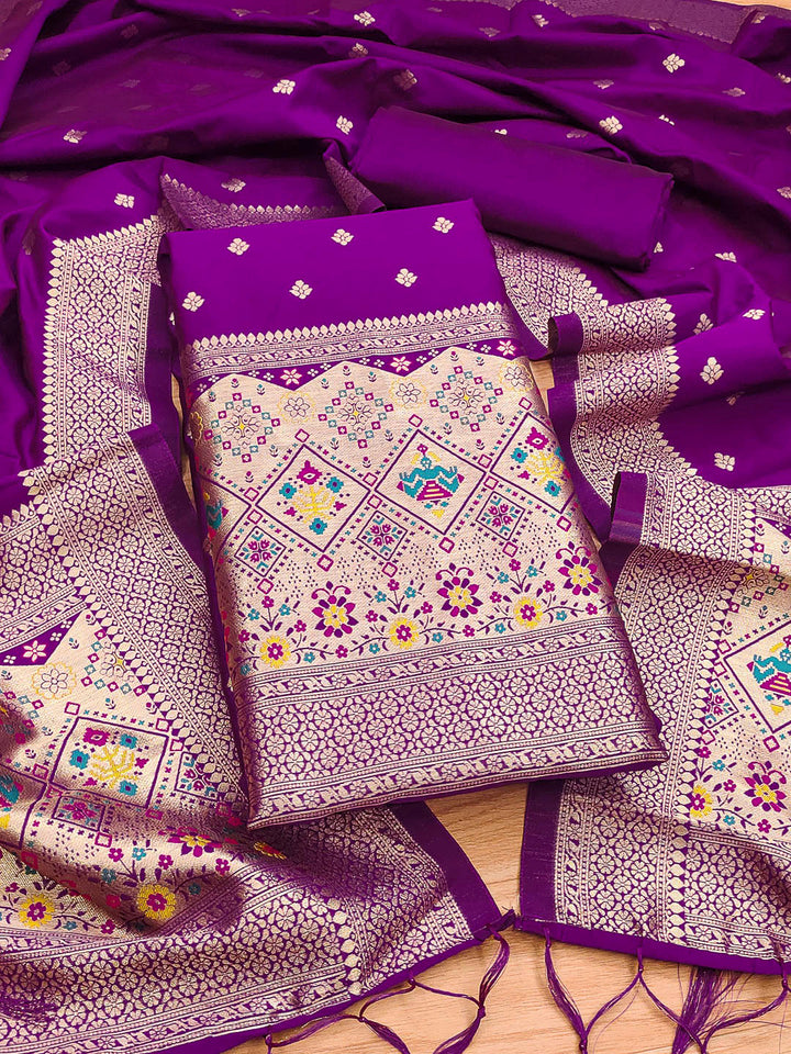 Purple Pure Soft Banarasi Silk Woven Design Unstitched Dress Material