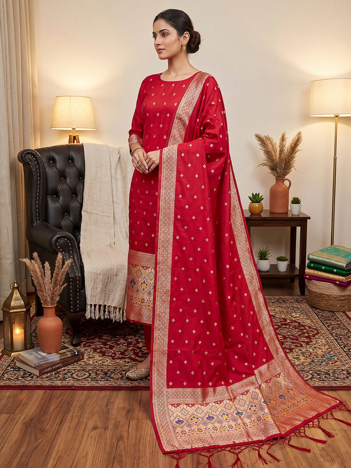 Red Pure Soft Banarasi Silk Woven Design Unstitched Dress Material