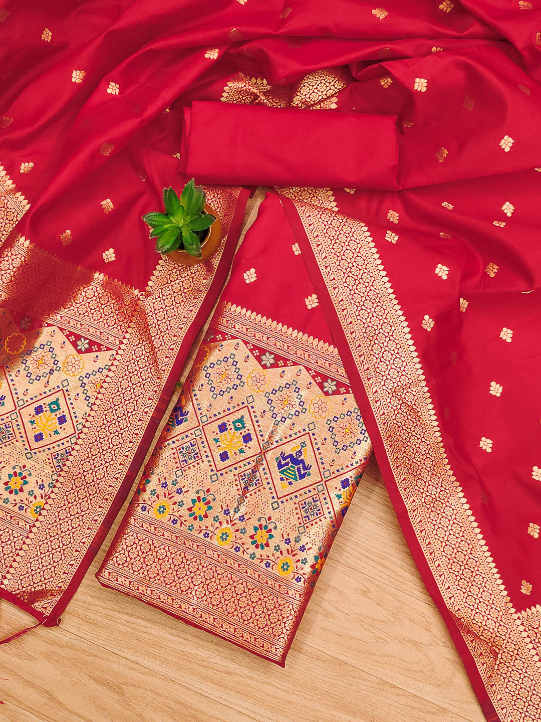 Red Pure Soft Banarasi Silk Woven Design Unstitched Dress Material