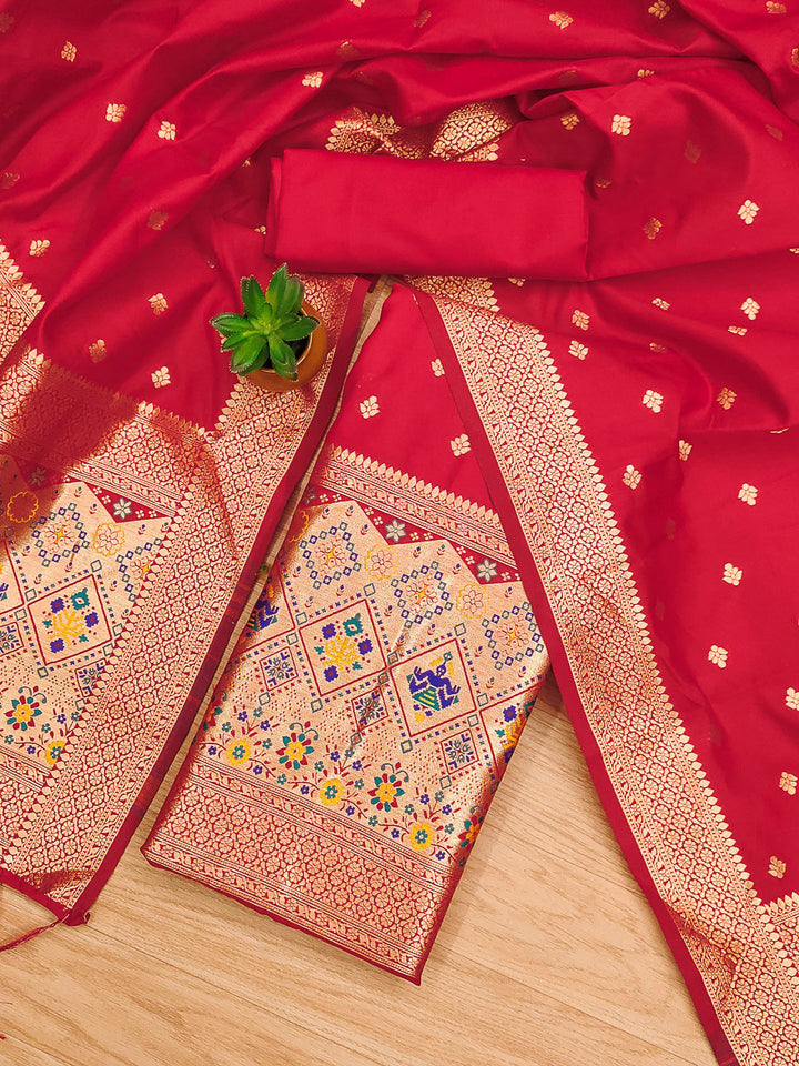 Red Pure Soft Banarasi Silk Woven Design Unstitched Dress Material