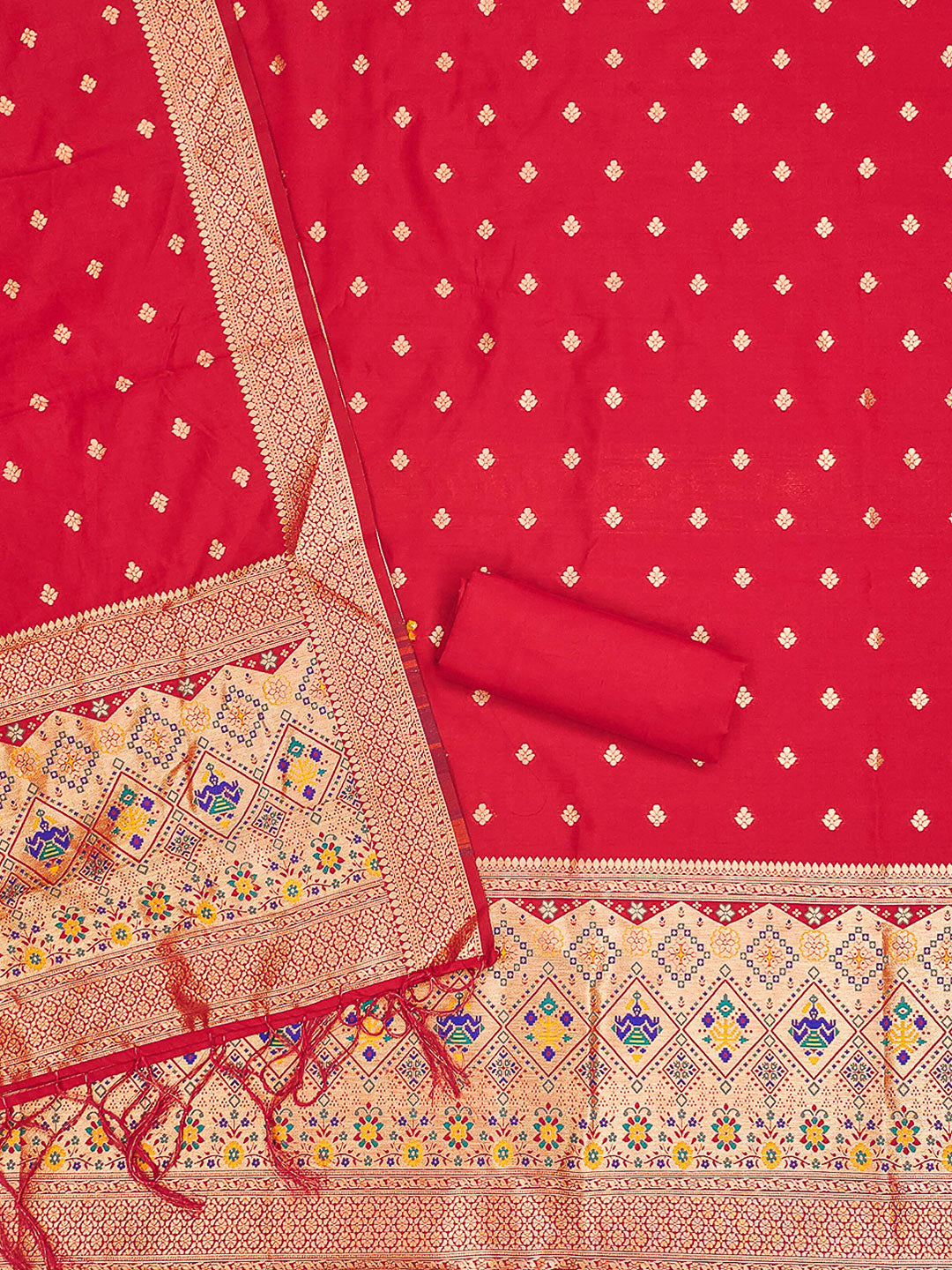 Red Pure Soft Banarasi Silk Woven Design Unstitched Dress Material
