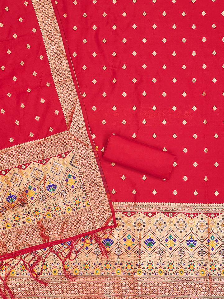 Red Pure Soft Banarasi Silk Woven Design Unstitched Dress Material