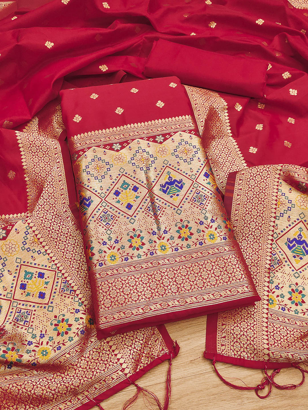 Red Pure Soft Banarasi Silk Woven Design Unstitched Dress Material