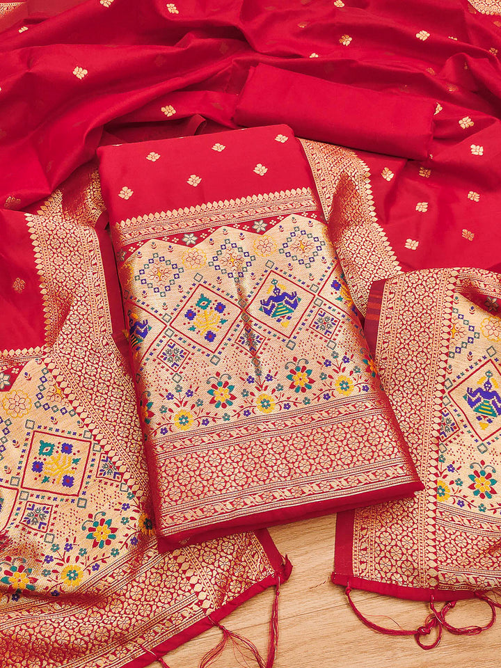 Red Pure Soft Banarasi Silk Woven Design Unstitched Dress Material