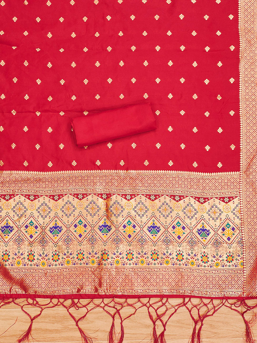 Red Pure Soft Banarasi Silk Woven Design Unstitched Dress Material