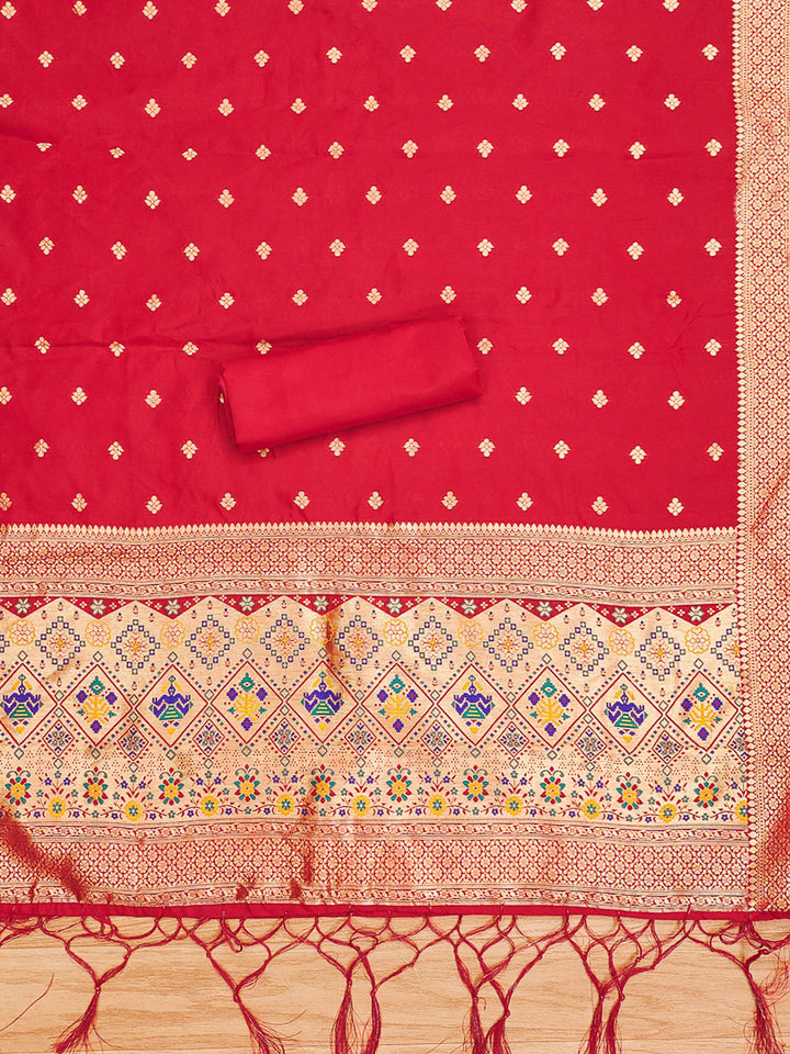 Red Pure Soft Banarasi Silk Woven Design Unstitched Dress Material