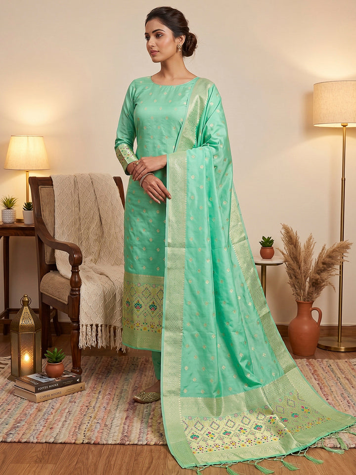 Sea-Green Pure Soft Banarasi Silk Woven Design Unstitched Dress Material