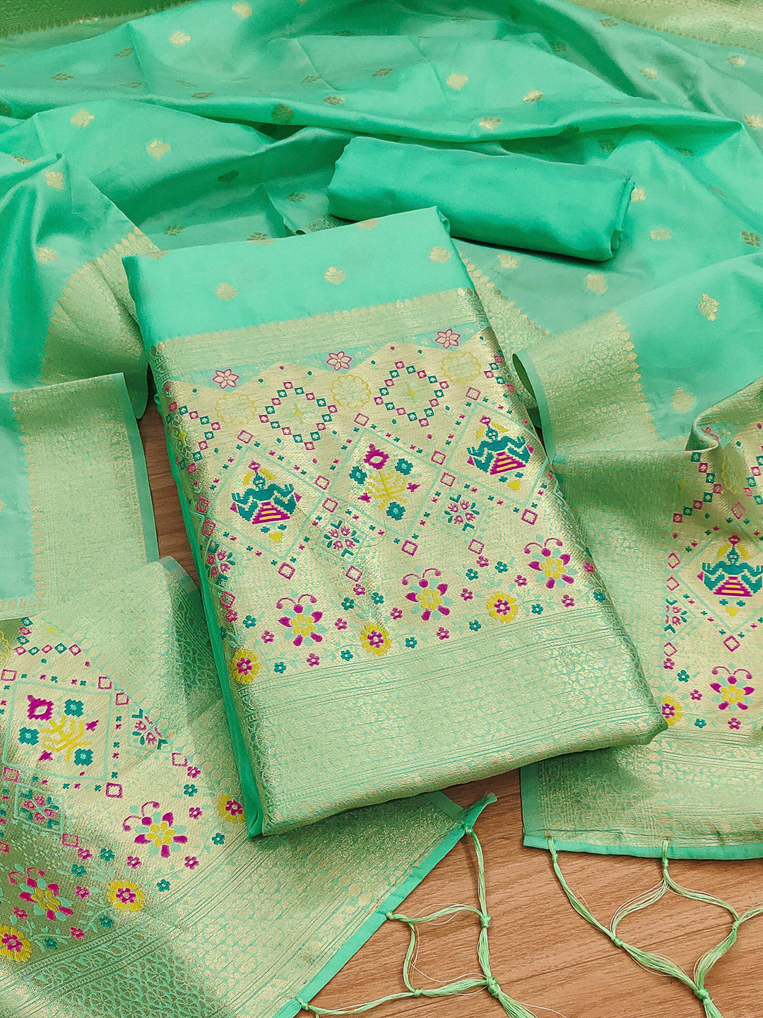 Sea-Green Pure Soft Banarasi Silk Woven Design Unstitched Dress Material
