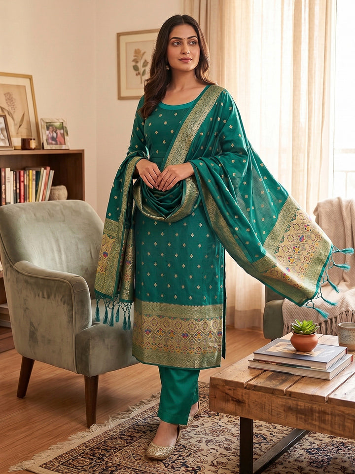 Teal-Blue Pure Soft Banarasi Silk Woven Design Unstitched Dress Material