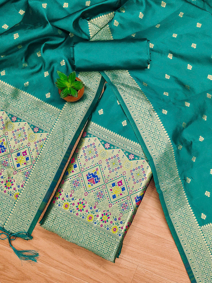 Teal-Blue Pure Soft Banarasi Silk Woven Design Unstitched Dress Material