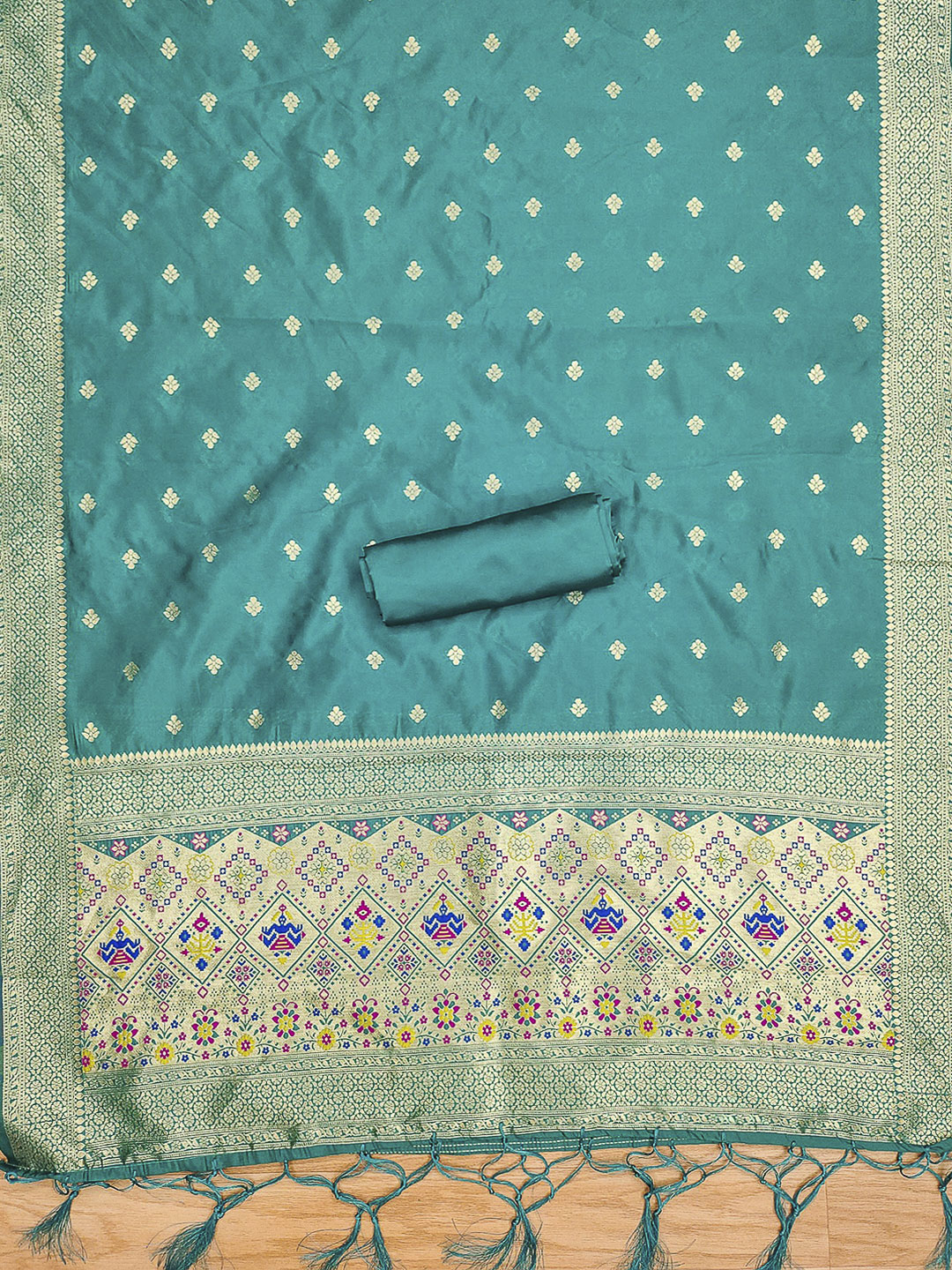 Teal-Blue Pure Soft Banarasi Silk Woven Design Unstitched Dress Material