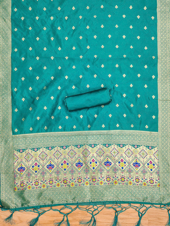 Teal-Blue Pure Soft Banarasi Silk Woven Design Unstitched Dress Material