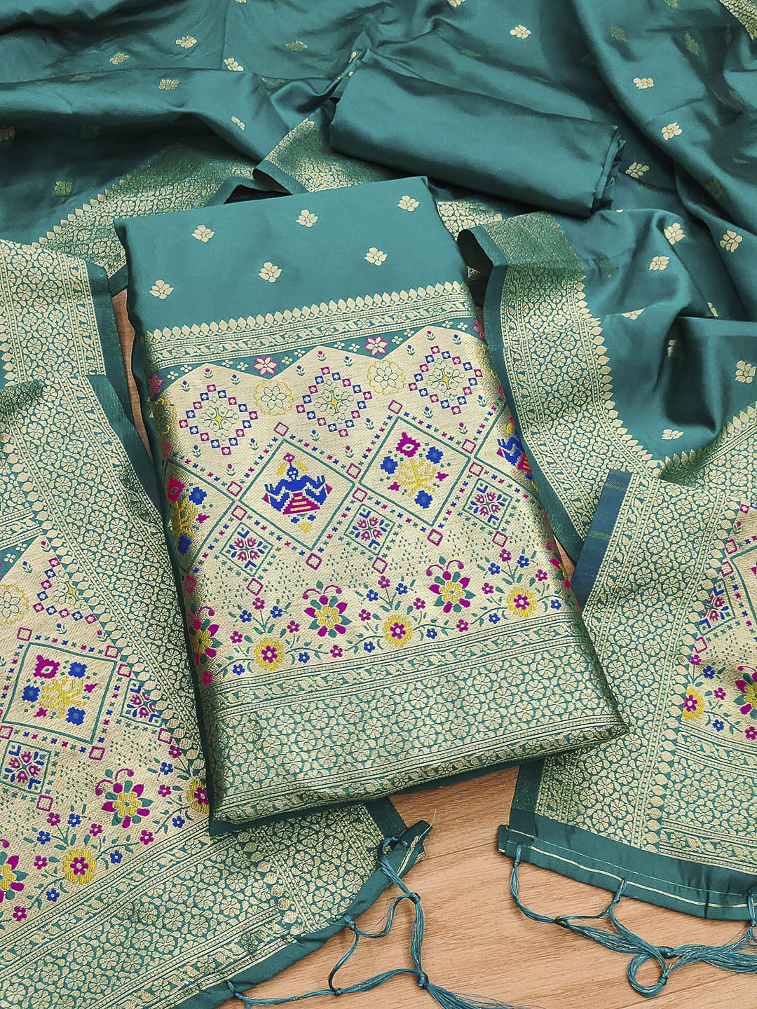 Teal-Blue Pure Soft Banarasi Silk Woven Design Unstitched Dress Material