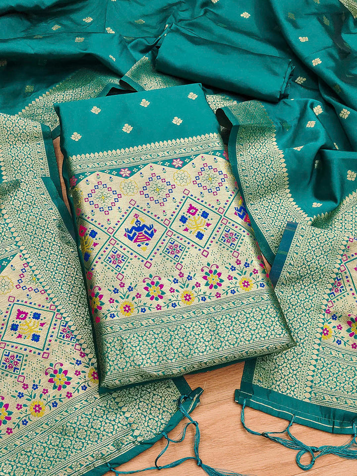 Teal-Blue Pure Soft Banarasi Silk Woven Design Unstitched Dress Material