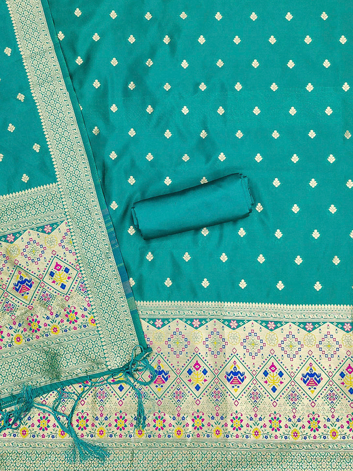 Teal-Blue Pure Soft Banarasi Silk Woven Design Unstitched Dress Material
