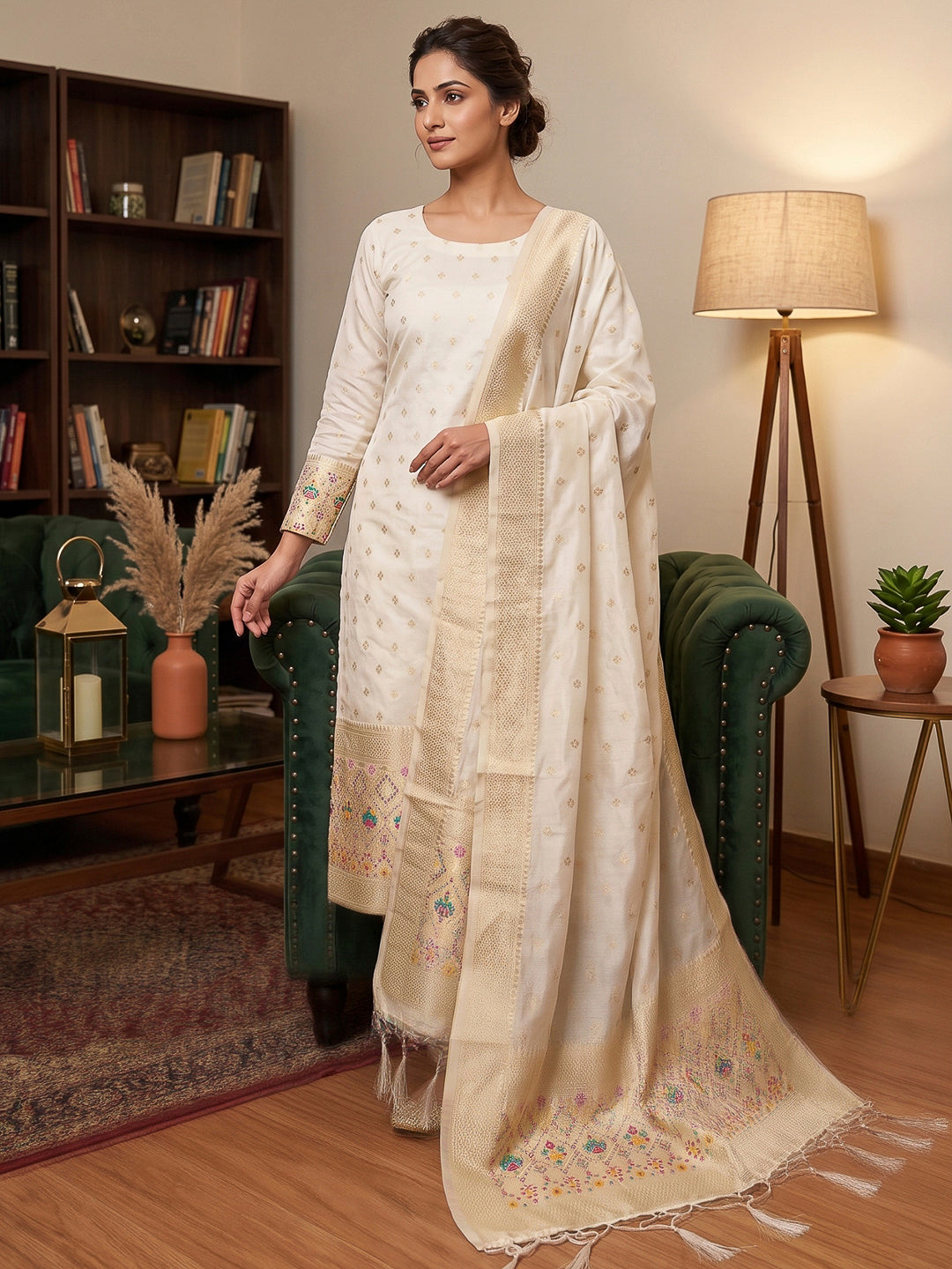 White Pure Soft Banarasi Silk Woven Design Unstitched Dress Material