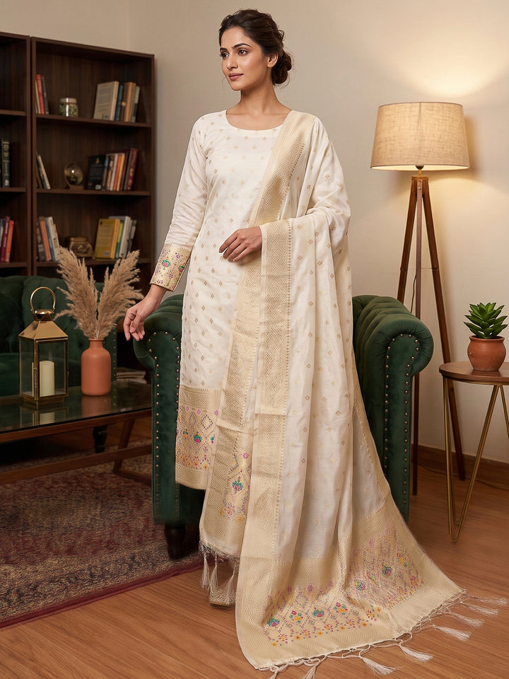 White Pure Soft Banarasi Silk Woven Design Unstitched Dress Material